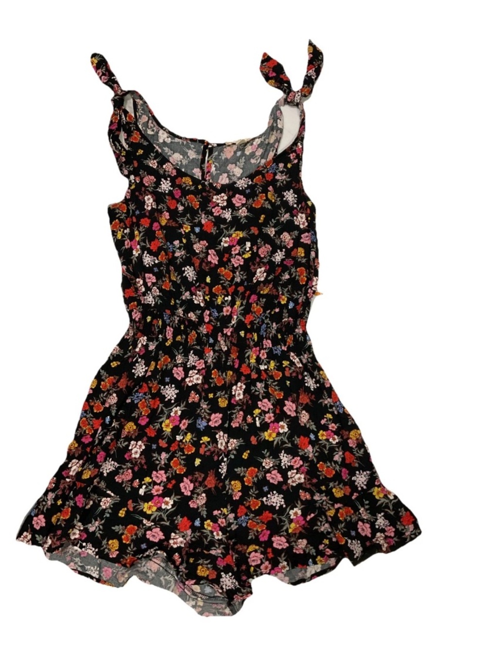 Kingston Black Floral Tie-Shoulder Empire Waist Ruffle Leg Romper Small